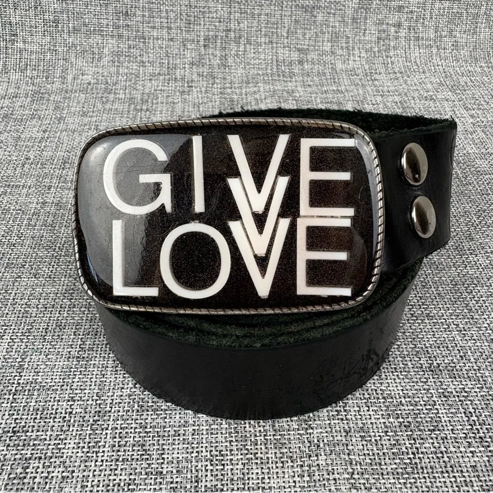 Booty Boutique‎ Vintage Black Leather Belt Give Love Belt Buckle Size XL Vintage